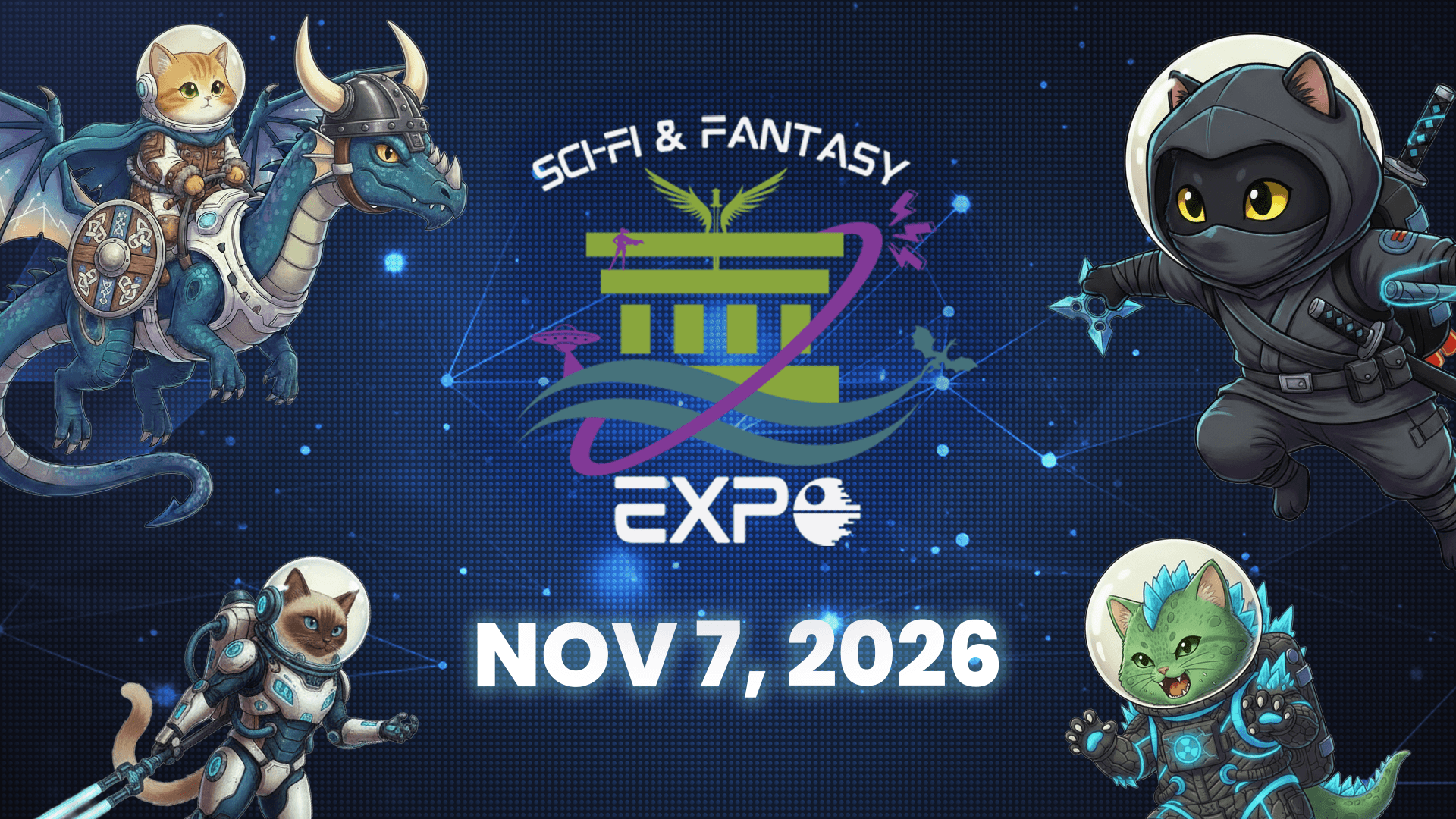 Flyer for the annual Science Fiction and Fantasy Expo showing cute AstroCats wearing various cosplay costumes.