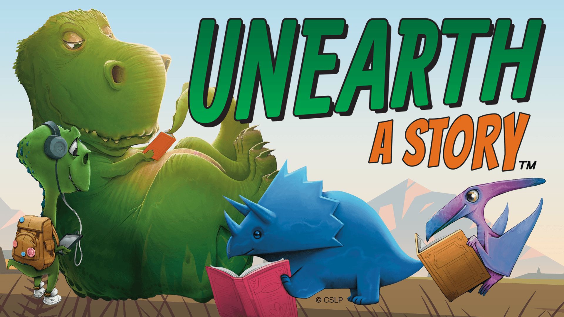 Flyer for the Summer Reading Program called Unearth A Story, showing several friendly dinosaurs reading books.